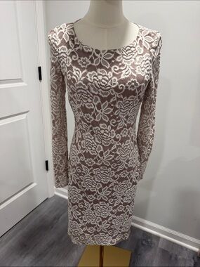 Eliza J Long Sleeve Lace Sheath lined Dress in Blush/Beige and Ivory lace